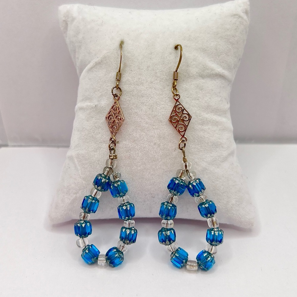 Boho Blue Glass Beaded Teardrop Dangle Earrings